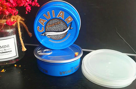 Kaviaar Ring trek blik gemakkelijk open kaviaar blik in aluminium met plastic deksel 3,5 oz en 7 oz