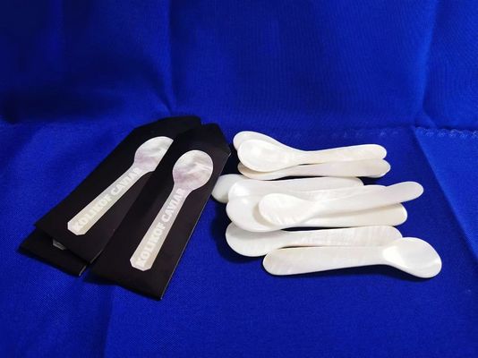 Witte kleur natuurlijke moeder van parel kaviaar lepel 3,5 inch en 4,7 verkrijgbaar MOP lepel in papieren mouw