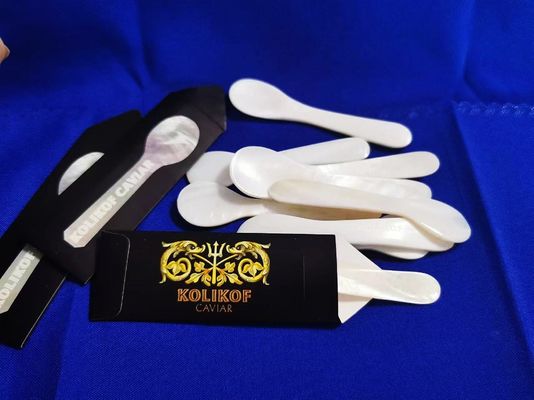 Witte kleur natuurlijke moeder van parel kaviaar lepel 3,5 inch en 4,7 verkrijgbaar MOP lepel in papieren mouw