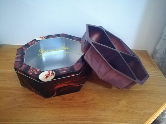 Decoratieve koekjes tin doos zeshoekige vorm met PET raam op maat gedrukt