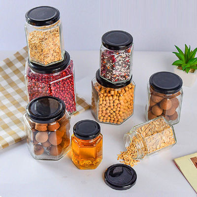 Hexagon Duidelijk glas opslagfles 100 ml 500 ml met metalen deksel voor honingroom