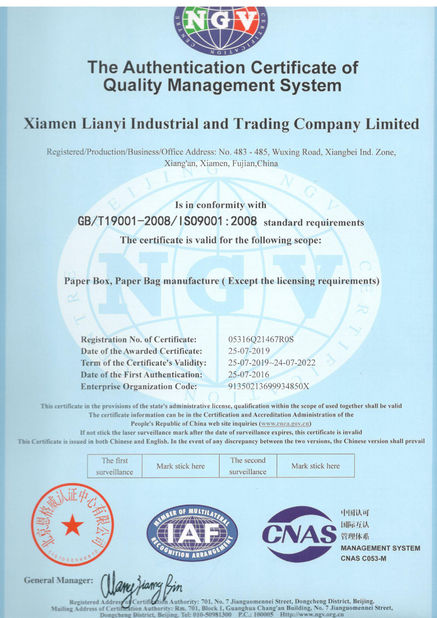 China Lianyi International industrial and trading co.,Ltd certificaten
