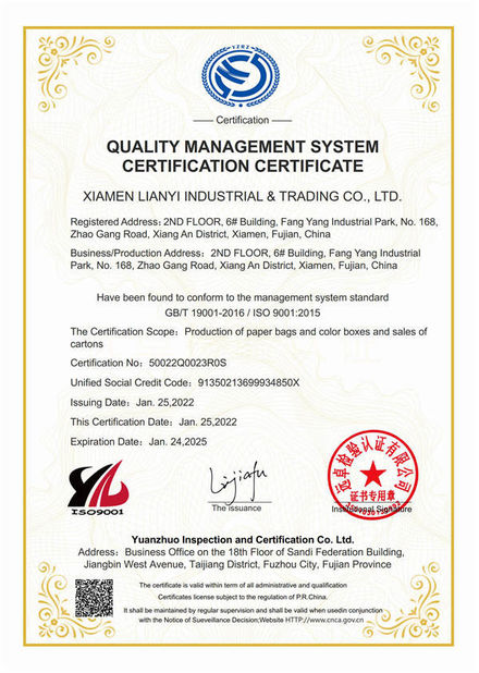 China Lianyi International industrial and trading co.,Ltd certificaten